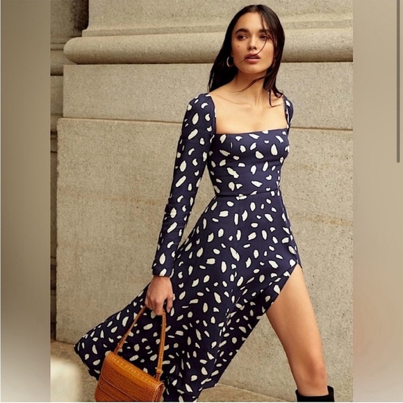 Reformation Sigmund Long Sleeve Printed Midi Dress Navy Blue Size 4 - Picture 1 of 6